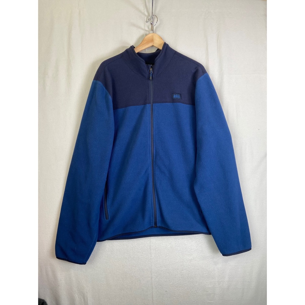 REI Co-op Mens XXL Full Zip Fleece Jacket Blue Colorblock Mock Neck Outdoor